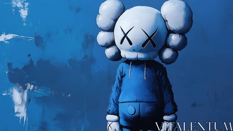 Blue-toned cartoon figure with sculptural painterly depth.