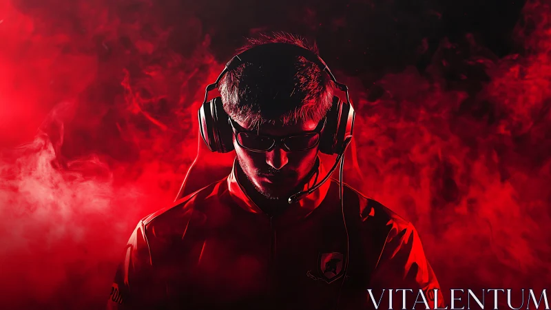 Esports tactician emerges from crimson smoke, wired for victory.