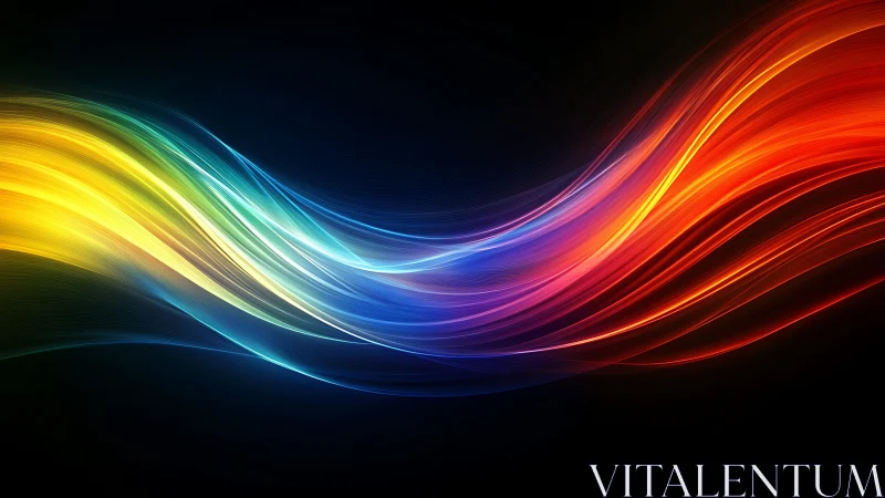 Luminous rainbow light waves flowing across black void.