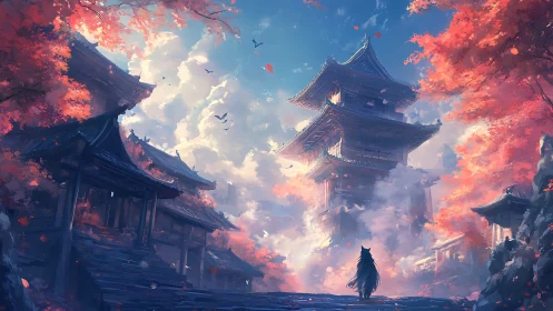 Lone wanderer approaches misty temple under blazing autumn sky.