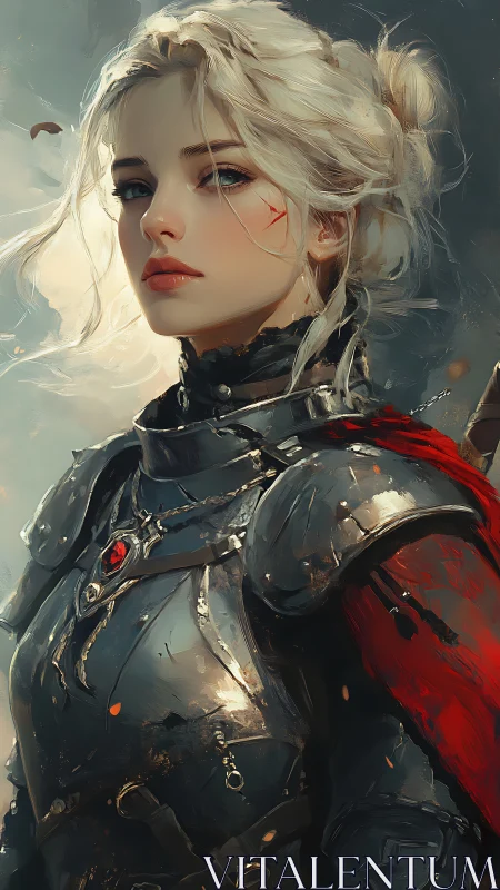 Armored blonde warrior portrait with red cloak accent