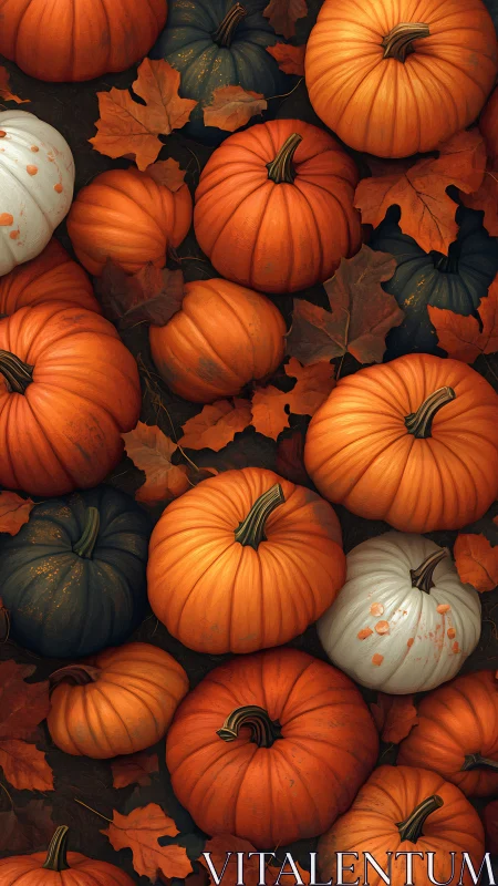 Cozy harvest pumpkins nestled in a carpet of autumn leaves.