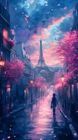 Solitary walk toward Eiffel Tower on wet Paris street.