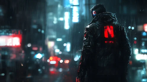 Cyberpunk loner under neon rain in futuristic alleyway.