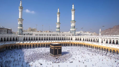 Sacred courtyard alive with pilgrims circling the Kaaba.