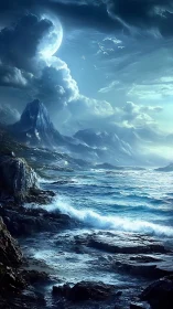 Moonlit ocean cliffs under swirling dreamy night sky.