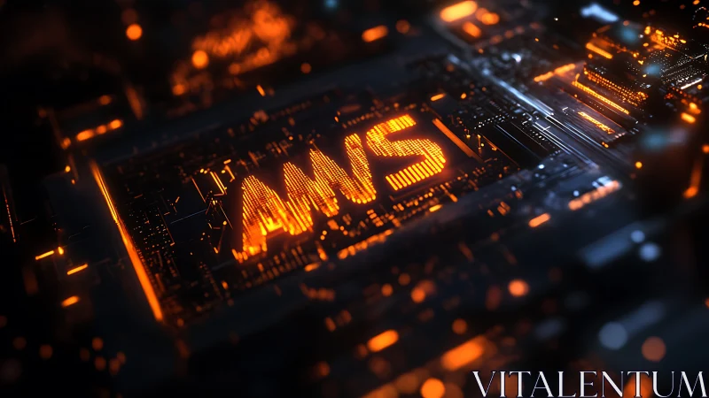 AWS lettering integrated into illuminated circuit board surface.