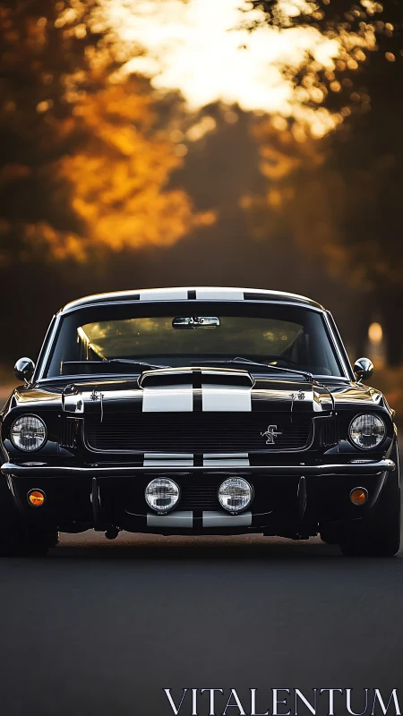 Classic black muscle car gleams against autumn sunset glow.