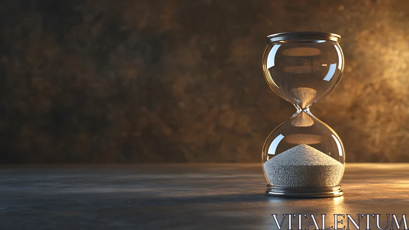 Glass hourglass with sand on textured surface at dusk.