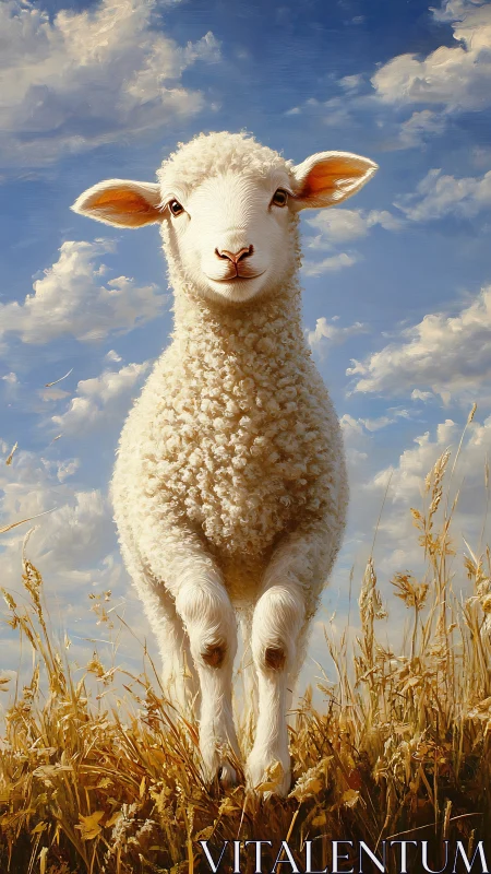 Sunny meadow lamb gazing back with gentle, curious eyes.