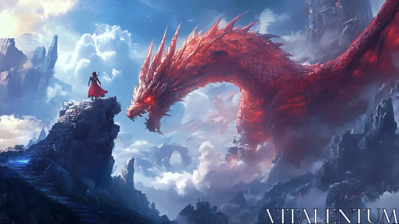 Dragon and lone hero share a daring meeting above the clouds