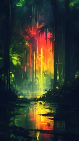Luminous jungle swamp reflects vertical neon light pillars