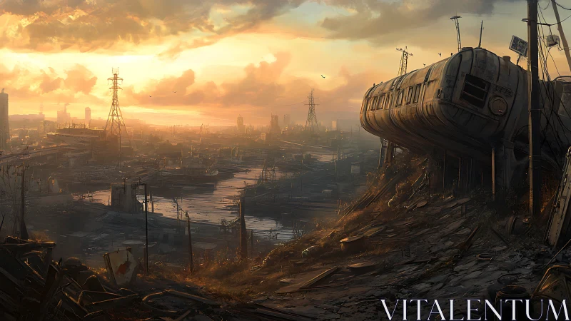 Derelict train overlooks flooded post apocalyptic cityscape