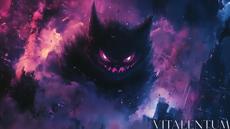 Colossal shadow beast engulfing neon lit crumbling cityscape.