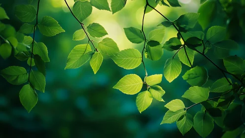Sunlit Green Leaves on Branches in Lush Nature Scene, Soft Focus.