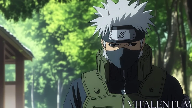 Masked silver-haired ninja in tactical vest under forest light.
