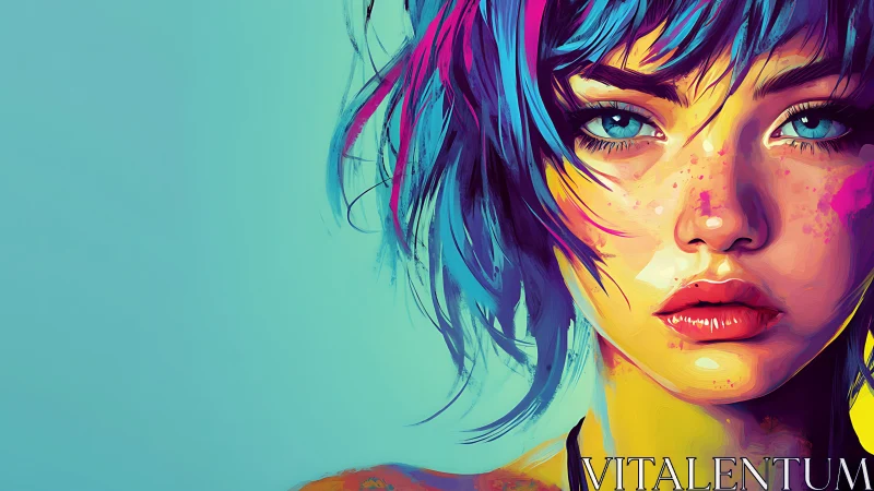 Vibrant cyan magenta portrait of freckled girl, tight crop