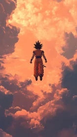 Solitary anime warrior ascending through burning clouds.