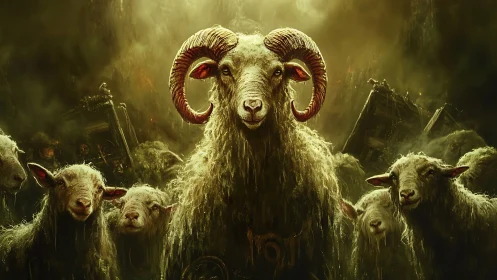 Ram leading flock in dark atmospheric fantasy scene.