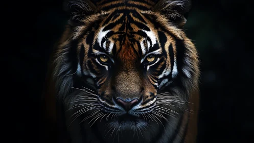 Golden-eyed tiger in quiet shadow, glowing with wild calm.