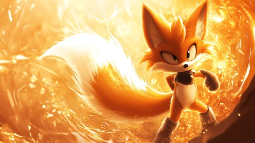 Anthropomorphic fox hero in dynamic golden particle vortex