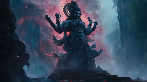 Majestic multi-armed goddess rising through glowing mist.