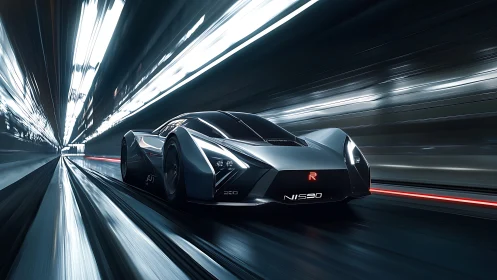 Futuristic hypercar races through illuminated high speed tunnel.