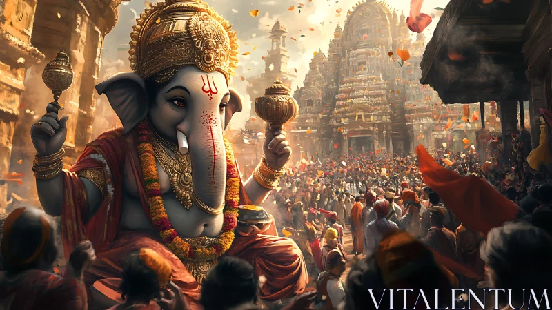 Processional Ganesha icon amid temple festival crowd dynamics.