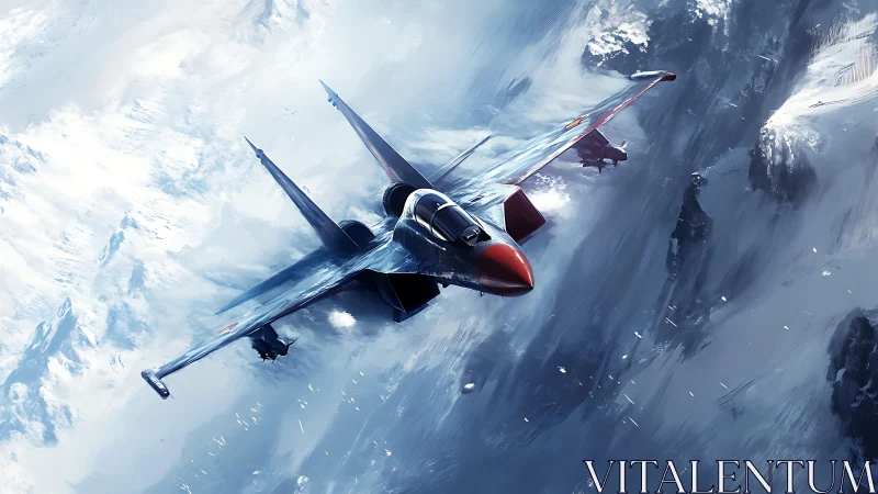 Jet aircraft over snow-covered mountain landscape in flight.