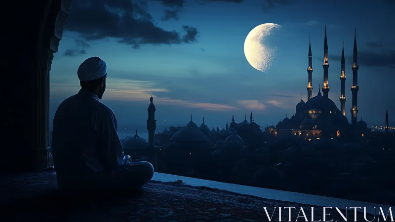 Man overlooking mosque skyline under crescent moon at dusk.
