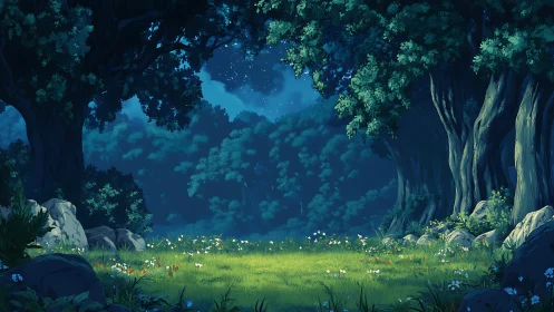 Enchanted Forest Clearing Under Starlit Twilight Sky.
