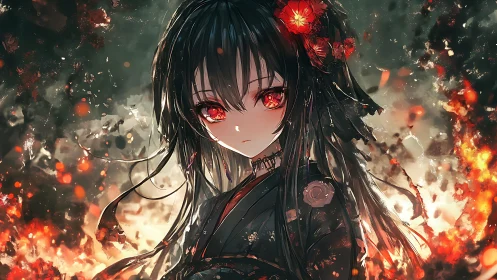 Anime girl in dark kimono amid drifting embers and fire.