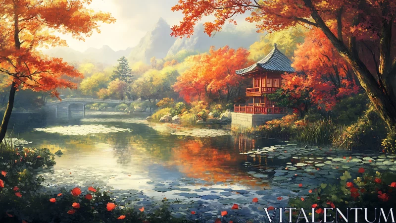 Lakeside pavilion reflects in tranquil autumn forest light