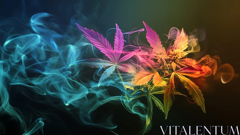 Colorful cannabis leaf with swirling smoke on dark background.