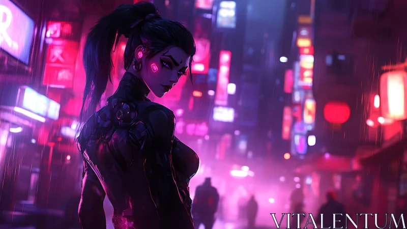 Neon-clad cybernetic huntress in rain-soaked alleyway nightscape.