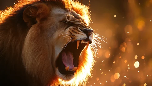Sunlit roar crowned in embers of golden savanna dusk.