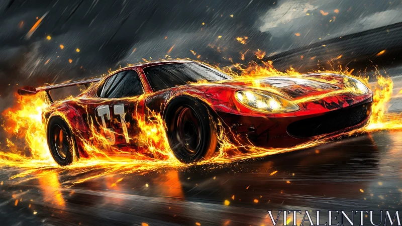 Flaming red GT race car drifts through storm in dynamic digital art