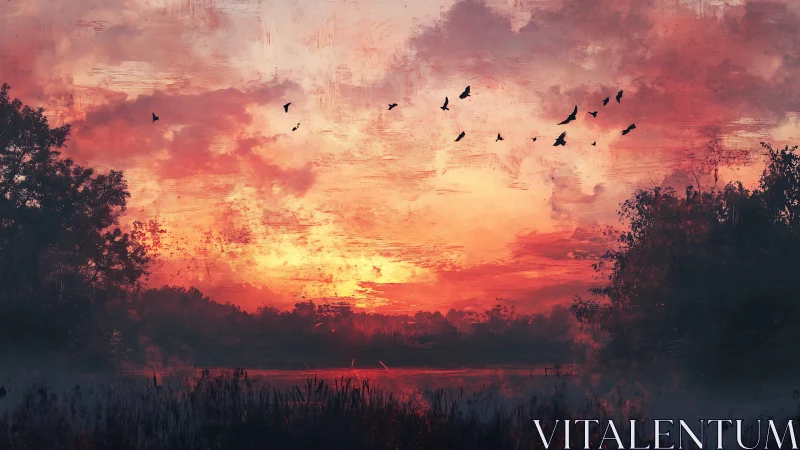 Crimson sky chorus over misty marsh at unruly sunset.