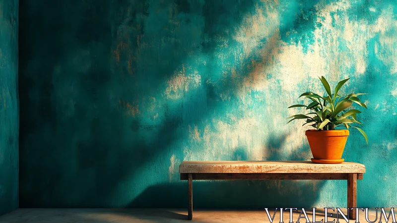 Photorealistic still life with plant on bench against teal wall.