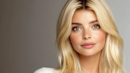 Soft light portrait of calm blonde woman with gentle gaze.