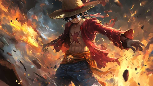 Straw hat warrior strides through erupting firestorm blaze.