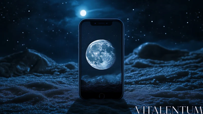 Photorealistic lunar smartphone portal in nocturnal seascape.