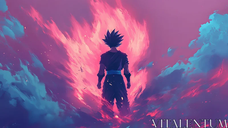 Flame‑crowned warrior ignites a neon storm sky.