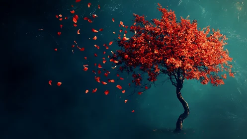 Solitary crimson tree with wind-swept foliage on teal void