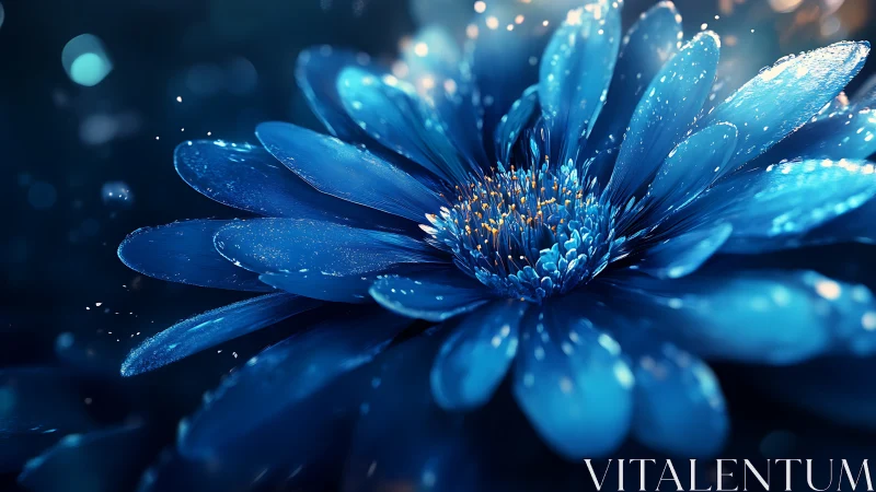 Crystalline blue daisy petals with luminous dewdrops.