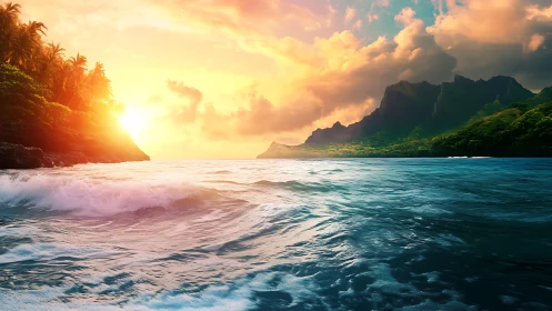 Golden island sunset over rolling tropical ocean waves.