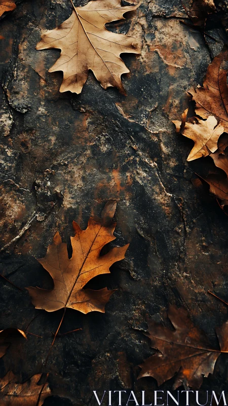 Autumn oak leaves lying on dark textured forest ground.