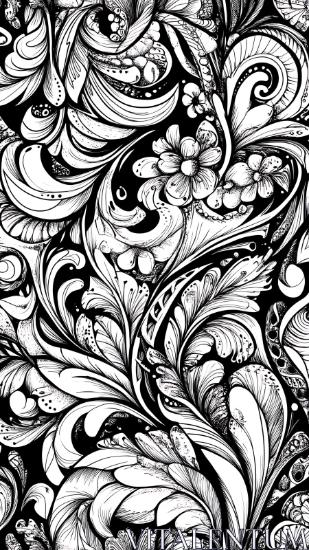 Ornate monochrome floral scrollwork with swirling botanicals.