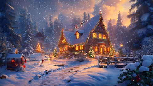Snowy Christmas cottage glows with warm festive lights.
