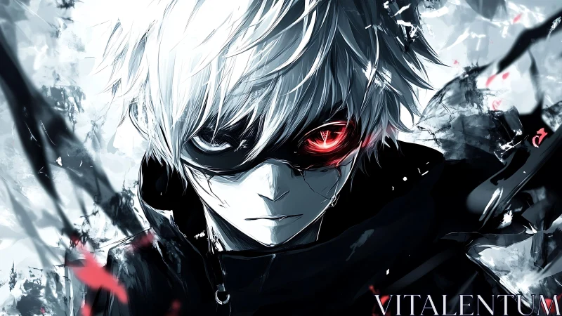 White-haired masked antihero with glowing red eye portrait.